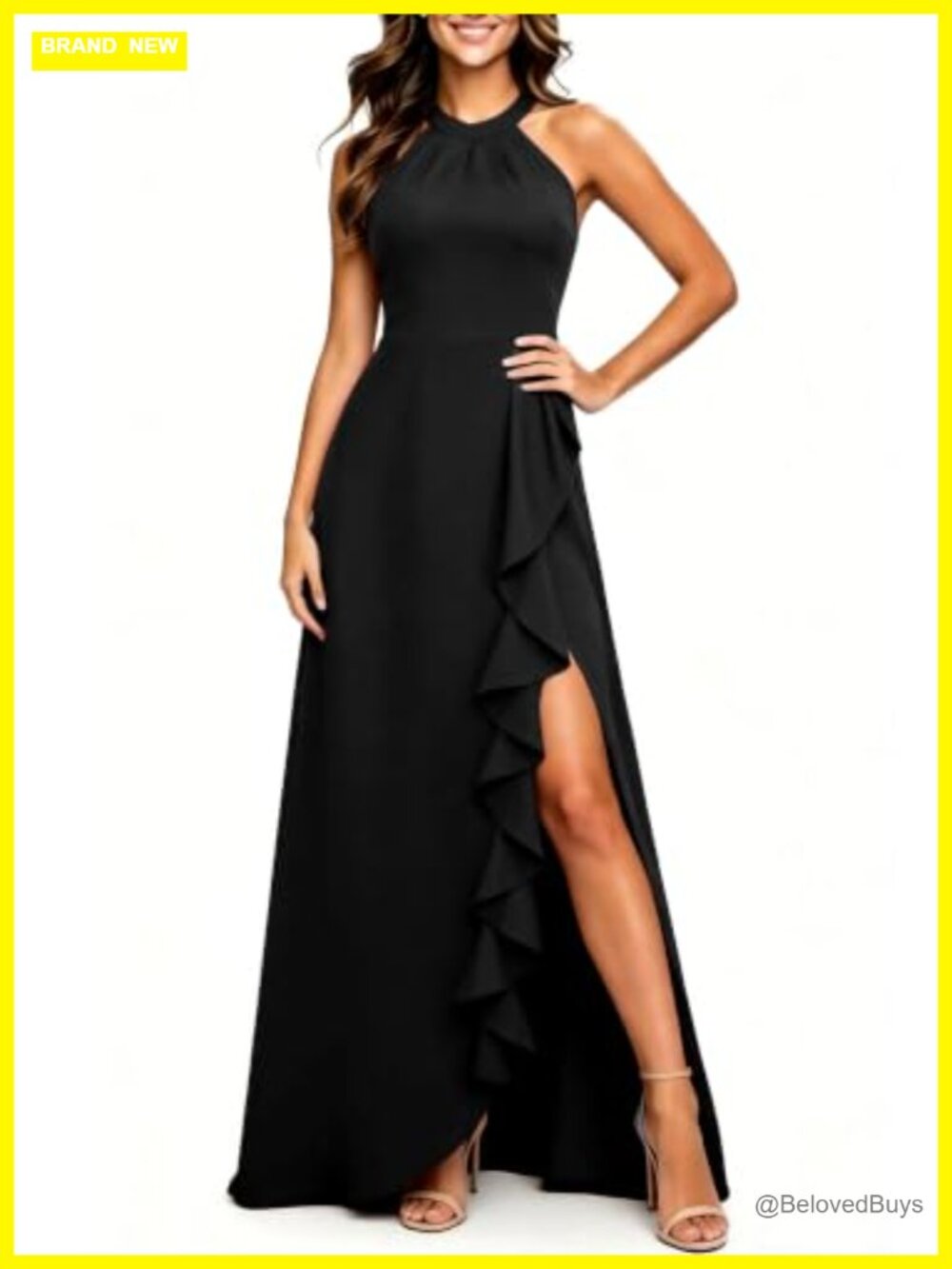 Halter Maxi Dress Ruffled Split Formal Wedding Guest Bridesmaid